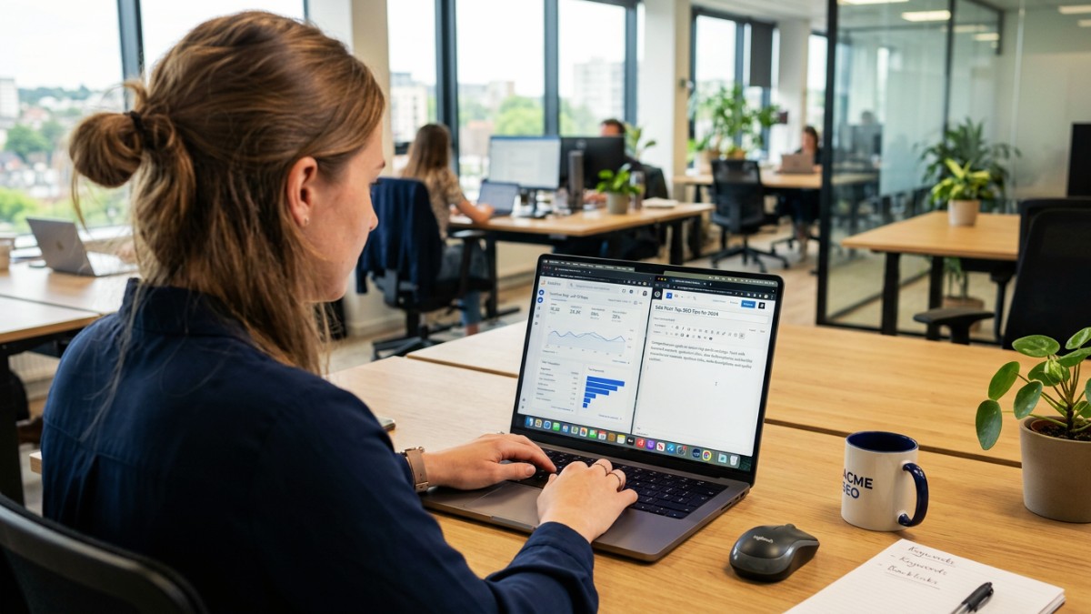 Mulher de costas trabalhando em notebook em escritório. Na tela mostrando otimização de SEO para canais proprietários como site e blog.